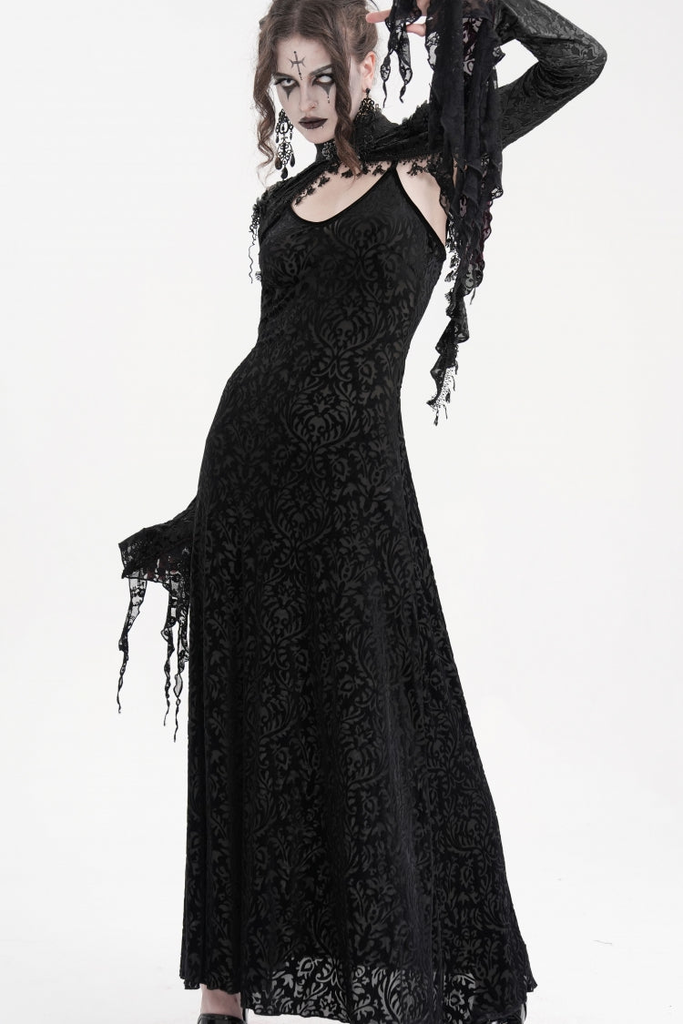 Black Stand Collar Long Sleeves Lace Tassels Women's Gothic Cape