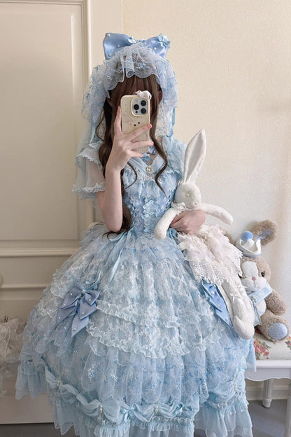Blue Long Sleeves Hanayome Bow Lace-Up Sweet Gorgeous Lolita Dress with Train and Veil