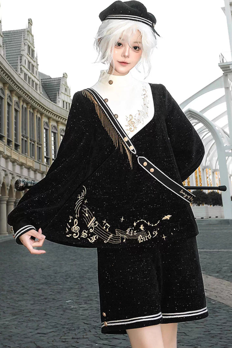 Black [Song Of Tomorrow] Long Sleeves Embroidery Asymmetric Gothic College Style Ouji Lolita Full Set