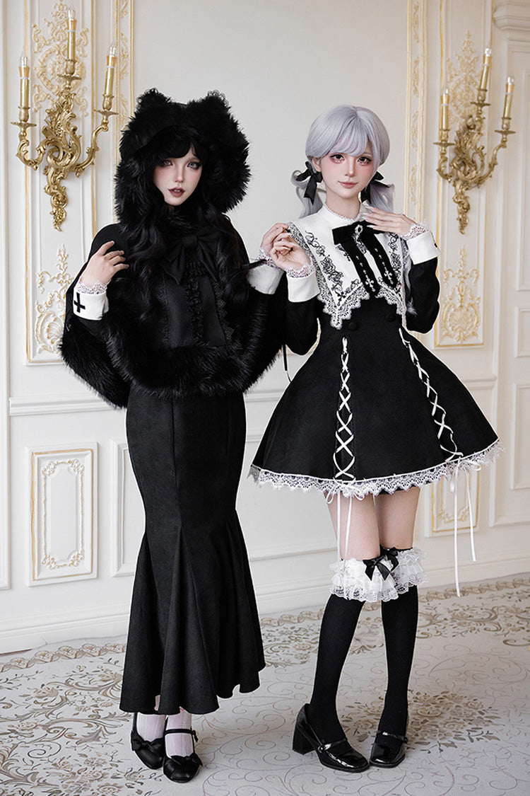 Black/White [Rose Doll] Square Collar Long Sleeves Bowknot Lace-Up Gothic Lolita Dress Set 2 Versions