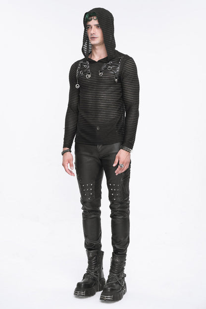 Black Striped Sheer Long Sleeve Men's Punk Sweatshirt Hooded