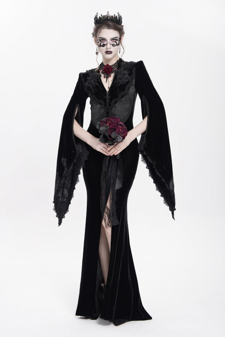 Black V Collar Long Trumpet Sleeves Floral Embroidered Velvet Women's Gothic Dress