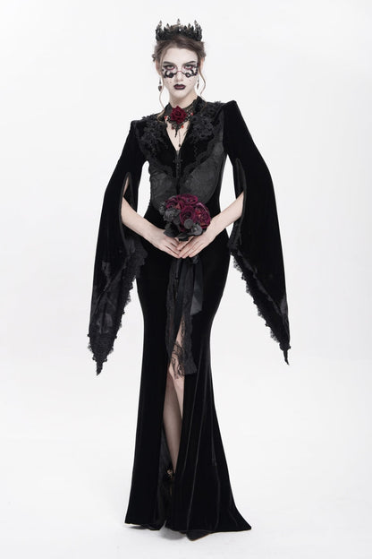 Black V Collar Long Trumpet Sleeves Floral Embroidered Velvet Women's Gothic Dress