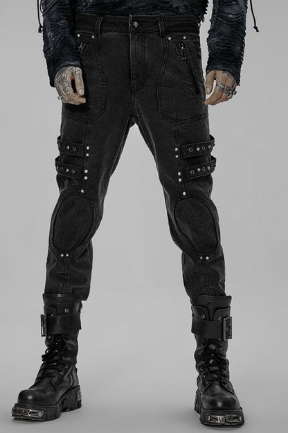 Black Skull Buckles Stitching Metal Nails Men's Steampunk Pants