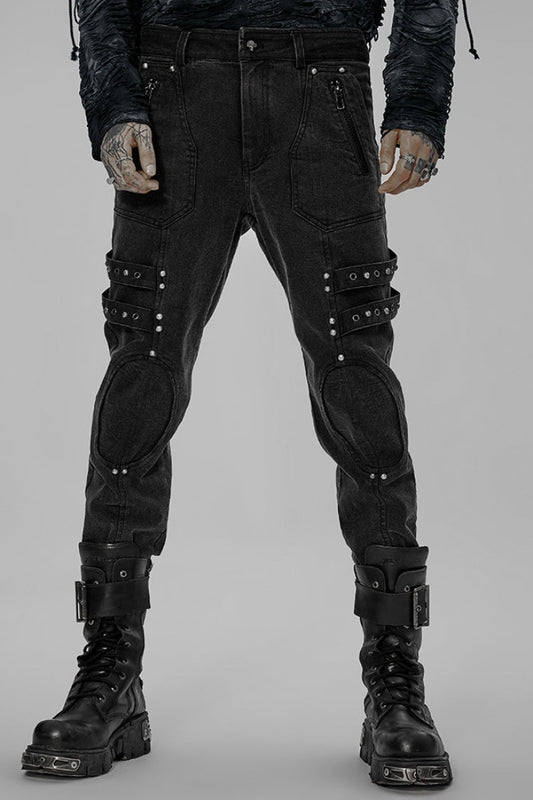 Black Skull Buckles Stitching Metal Nails Men's Steampunk Pants