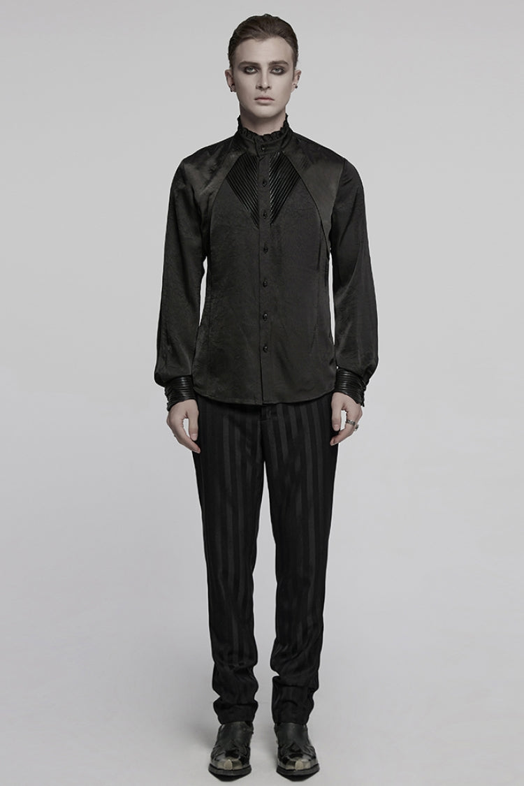 Black Stand Collar Long Sleeves Ruffle Pleated Men's Gothic Blouse