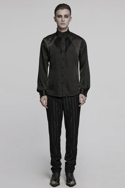 Black Stand Collar Long Sleeves Ruffle Pleated Men's Gothic Blouse