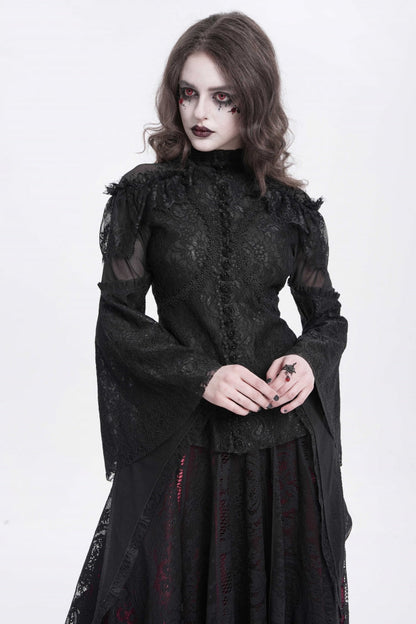 Black Stand Collar Long Trumpet Sleeves Embroidery Stitching Lace Women's Gothic Blouse