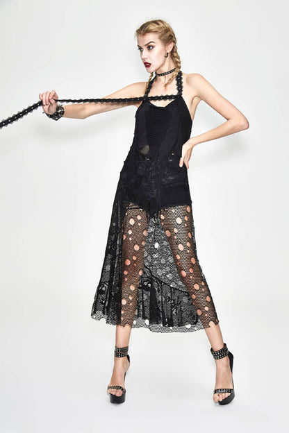 Black Punk Broken Holes Mesh Peplum Sexy Halter Womens Dress