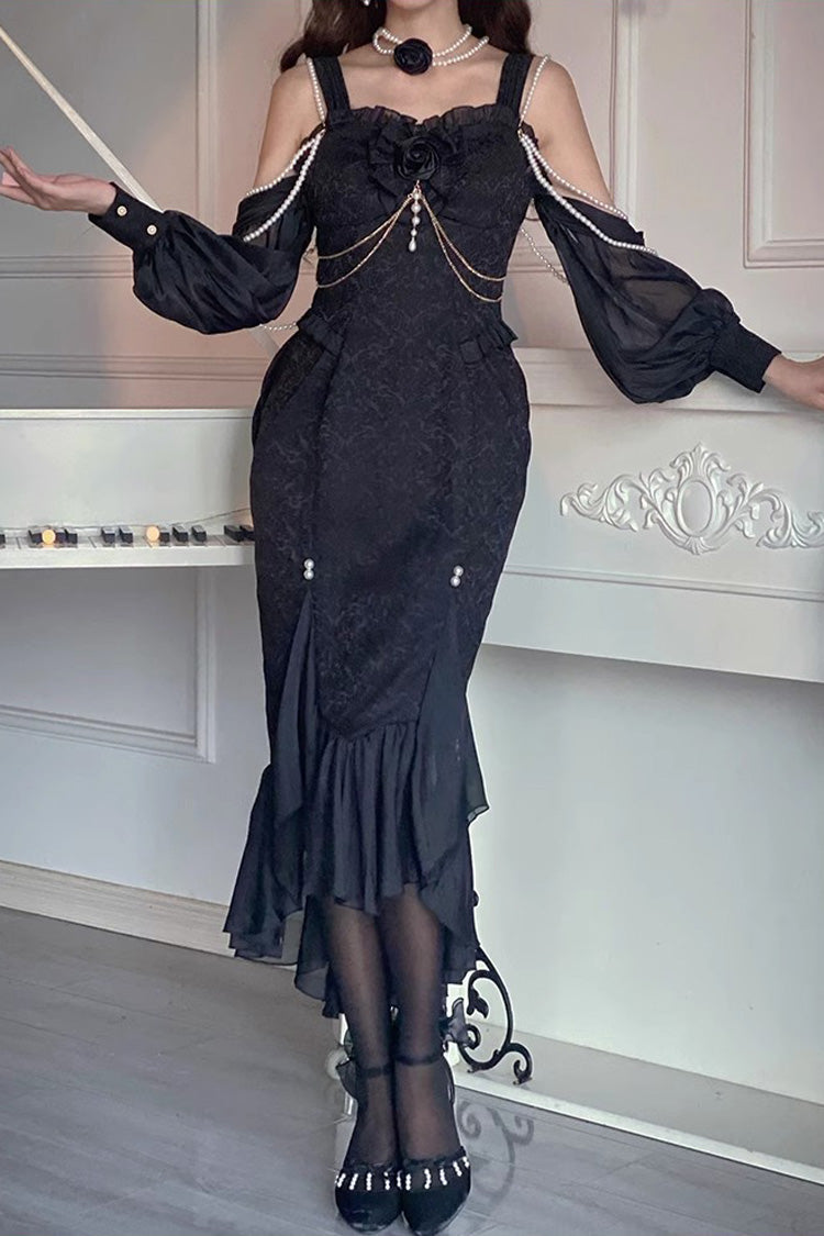 Black [Camellia 1.0] Sleeveless Jacquard Ruffle Lace Gothic Chinese Style Lolita Jsk Fishtail Dress