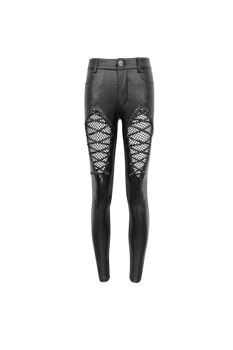 Black Stretch Diamond Wavy String Adjustable Slim Fit Women's Punk Trousers