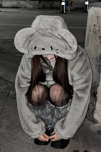 Grey Long Sleeves Mouse Ears Hooded Zippered Gothic Jirai Kei Coat