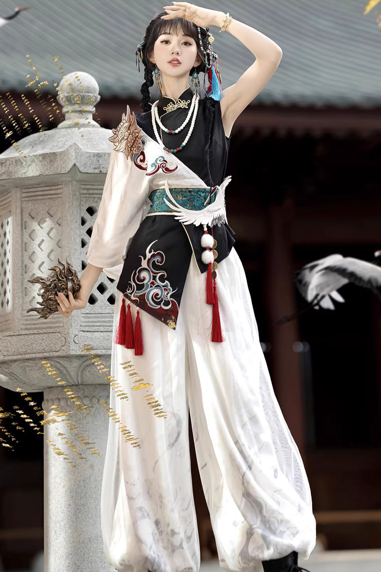 Black/White Stand Collar Single Long Sleeve Printed Embroidered Asymmetric Chinese Style Ouji Set