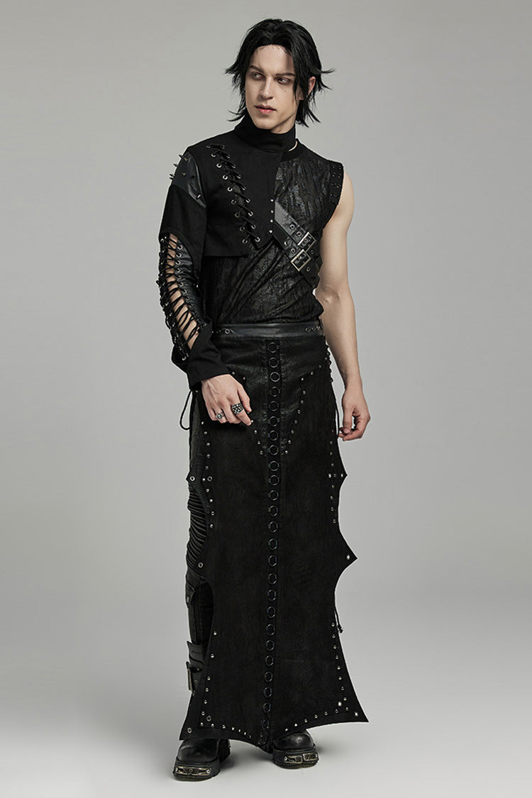 Black Stand Collar Asymmetric Rivet Buckle Men's Punk Faux Leather Harness