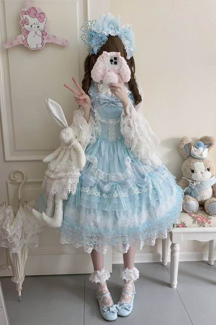 Blue [Sugar Heart Knot] Multi-Layered Ruffled Bow Lace Sweet Lolita Jsk Dress