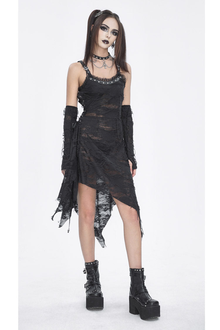 Black Sleeveless Lace Irregular Womens Gothic Strap Dress