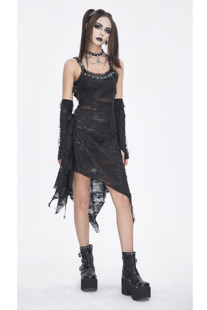 Black Sleeveless Lace Irregular Womens Gothic Strap Dress