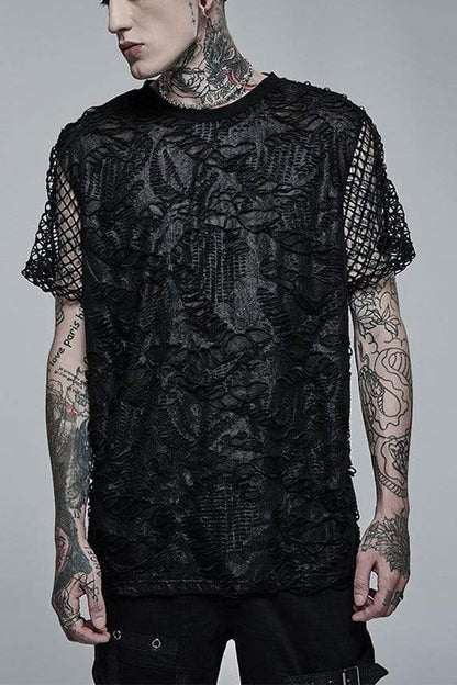 Black Punk Irregular Ripped Mesh Stitching Stretch Loose Knit Short Sleeved Men's T-Shirt