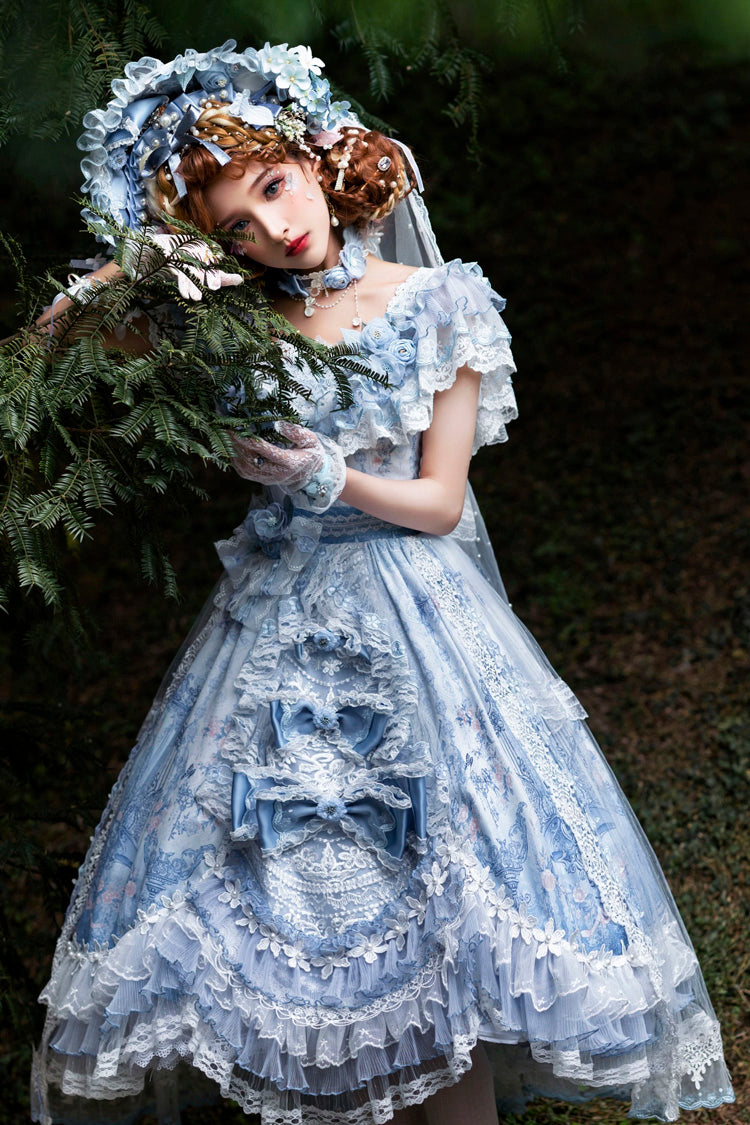 Blue The Key to the Secret Realm Gorgeous Wedding Princess Sweet Lolita Dress Set