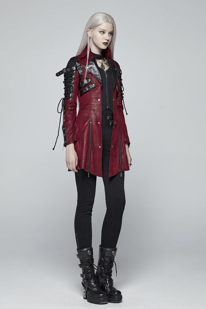 Red Metal Buckle Decoration Zipper Womens Steampunk Windbreaker Coat