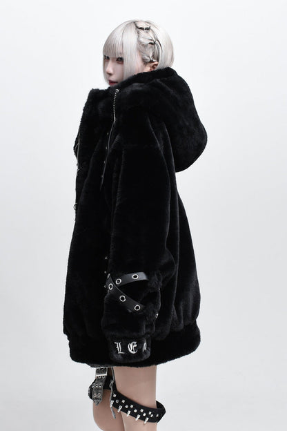 Jirai Kei Long Sleeves Hooded Zipper Punk Japanese Coat With Cross Leather Buckles 2 Colors