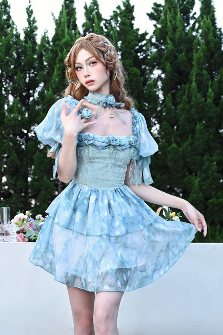 Blue Square Collar Short Puff Sleeves Multi-Layered Print Ruffle Bowknot Tie-dyed Sweet Princess Lolita Dress