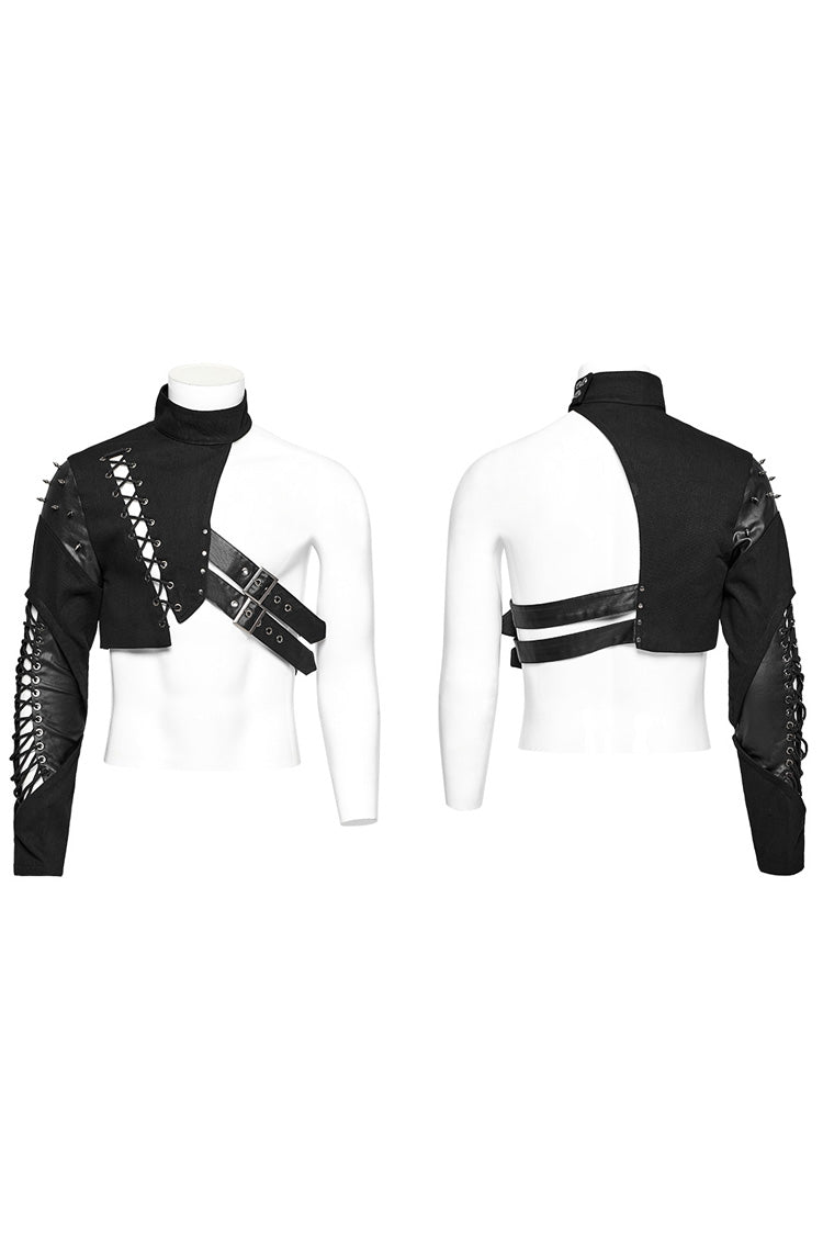 Black Stand Collar Asymmetric Rivet Buckle Men's Punk Faux Leather Harness