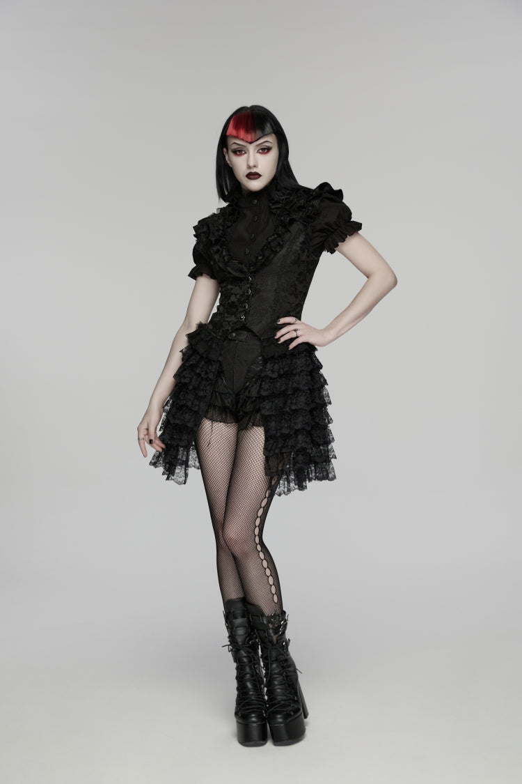 Black V Collar Short Sleeves High Waisted Jacquard Ruffled Cut-Out Embroidered Lace Slim Women's Gothic Vest