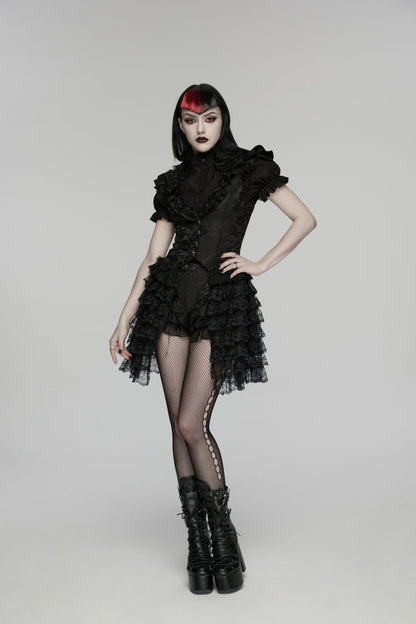 Black V Collar Short Sleeves High Waisted Jacquard Ruffled Cut-Out Embroidered Lace Slim Women's Gothic Vest