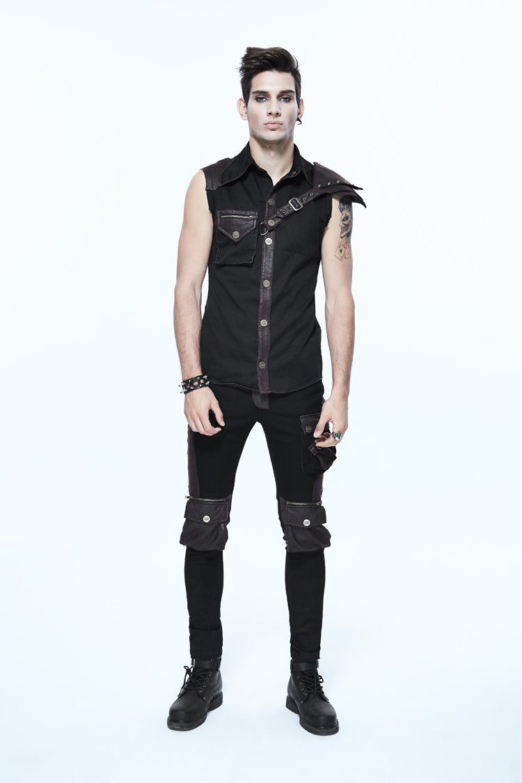 Black Twill Brown One Shoulder Armor Heat Seal Hasp Sleeveless Men's Punk Shirt