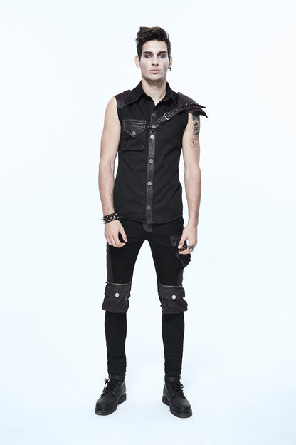 Black Twill Brown One Shoulder Armor Heat Seal Hasp Sleeveless Men's Punk Shirt