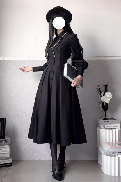 Black [Astrea] Long Puff Sleeves Slim Gothic Elegant Lolita Dress