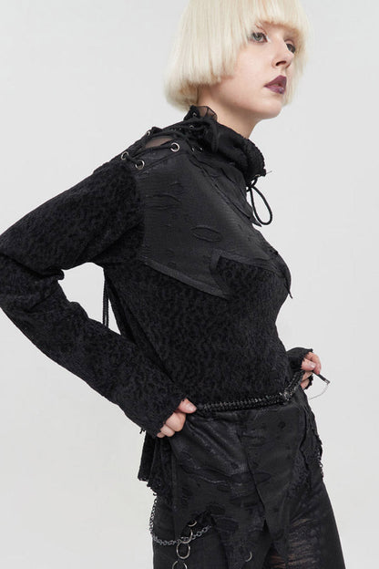Black Wool Fabric Distressed Stitching Irregularly Pointed Hem Decadent Wind Long Sleeve Women's Punk Sweater