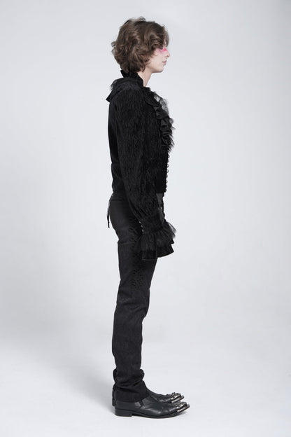 Black V Collar Long Sleeves Ruffle Stitching Lace Men's Gothic Blouse