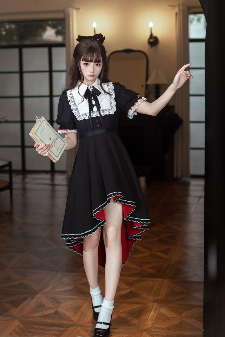 Black/White [Rosalind] Lapel Collar Short Sleeves Bow Lace Gothic Maid Lolita Dress