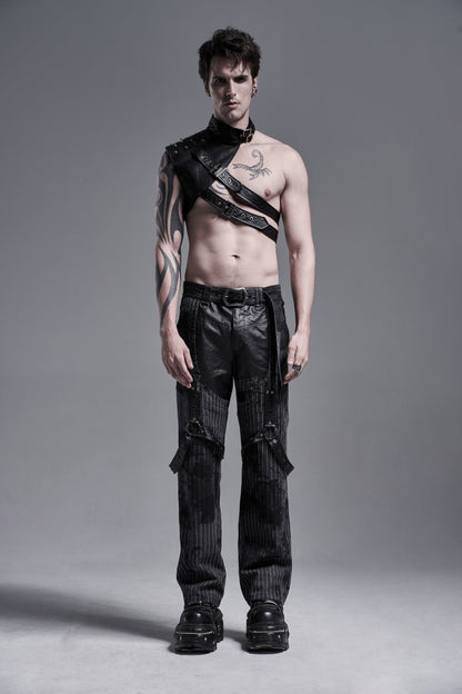 Black Stand Collar Sleeveless Irregular Asymmetric Studded Chain-Decorated Men's Gothic Handsome Cool Shoulder Harnesses