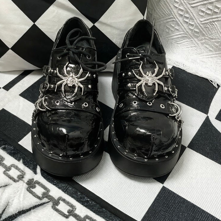 Cracked Black Spider Design Multiple Straps Chain-Decorated Gothic Punk Platform Shoes