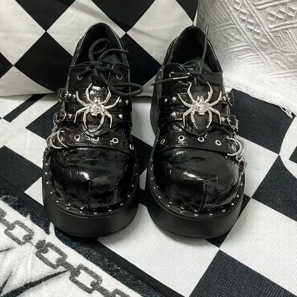 Cracked Black Spider Design Multiple Straps Chain-Decorated Gothic Punk Platform Shoes