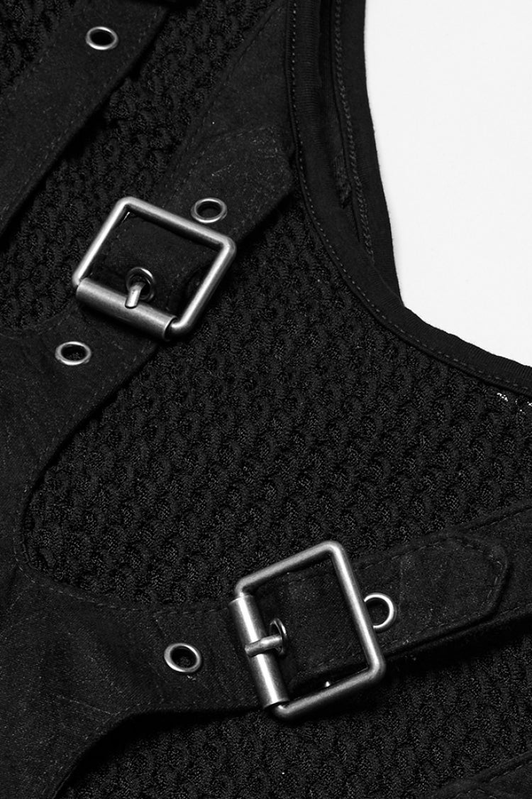 Black Stand Collar Stitching Mesh Buckle Women's Punk Vest
