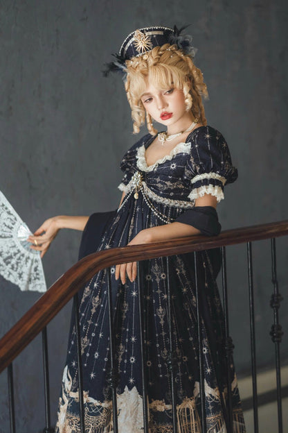 Blue [Unicorn] V Collar Short Sleeves Empire Motif Print Embroidery Bowknot Lace Sweet Elegant Lolita Dress