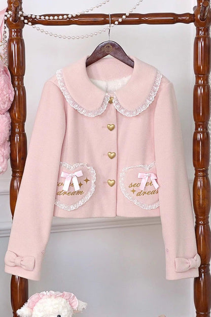 [Creamy Dream Whisper] Doll Collar Long Sleeves Bow Lace Short Sweet Lolita Coat 3 Colors