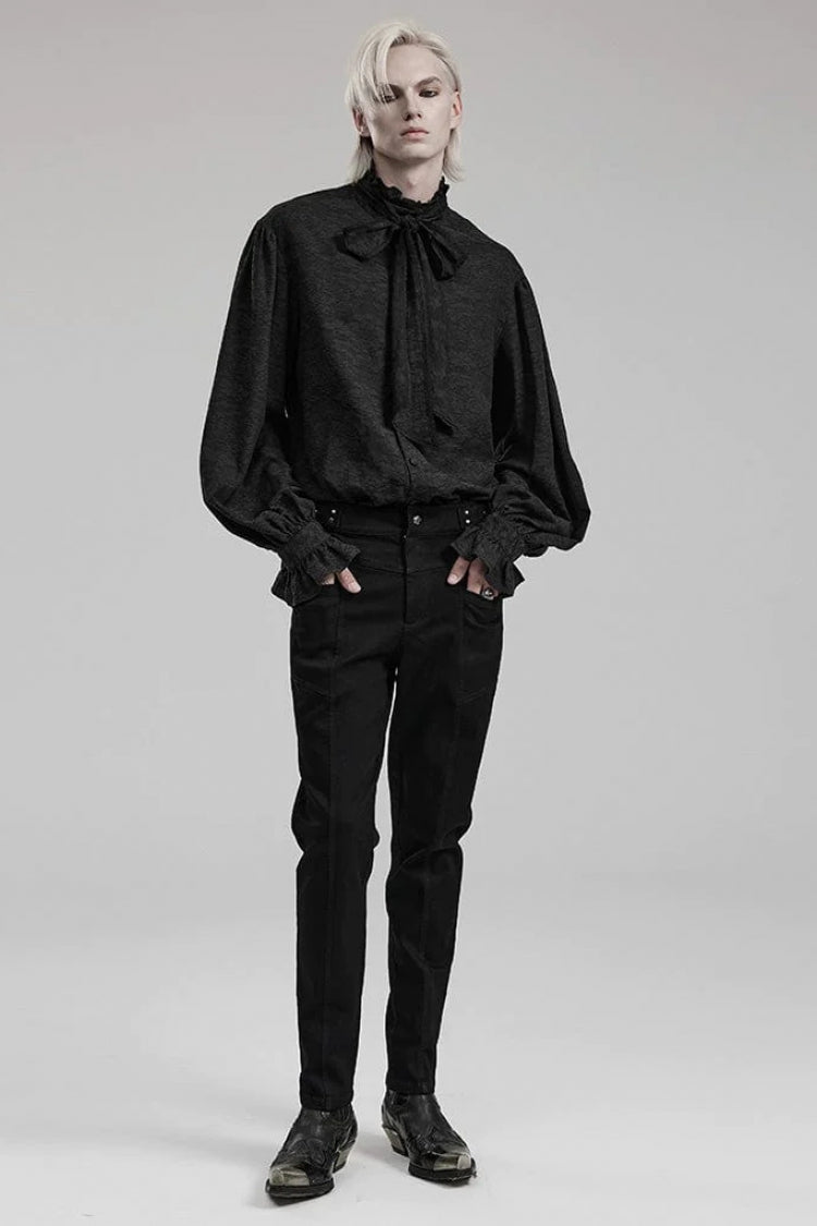 Black Stand Collar Long Puff Sleeves Jacquard Print Mens Gothic Blouse with Necktie