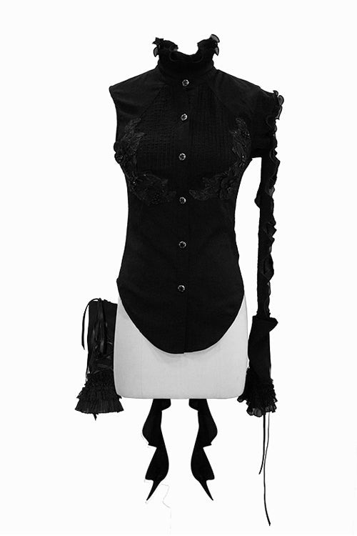 Black Ruffled Lace Sleeves Chiffon Swallowtail Womens Gothic Blouse