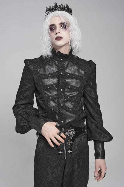 Black Stand Collar Long Lantern Sleeves Floral Print Embroidery Men's Gothic Blouse