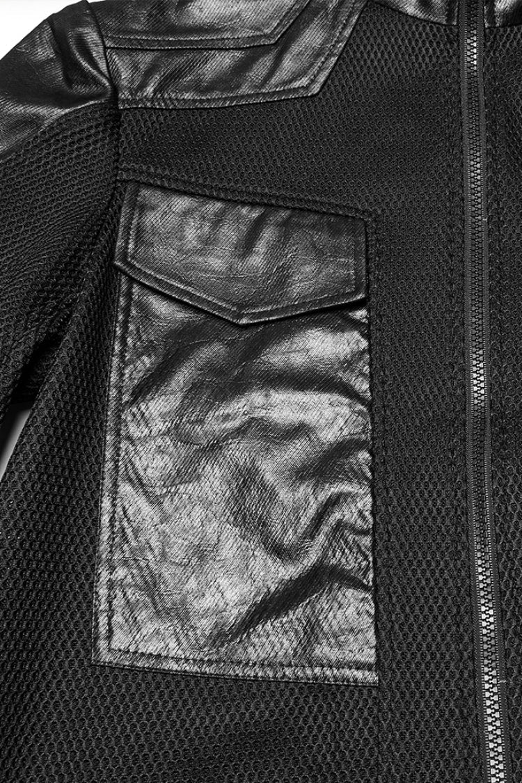 Black Stand Collar Long Sleeves Faux Leather Stitching Mesh Men's Punk Coat