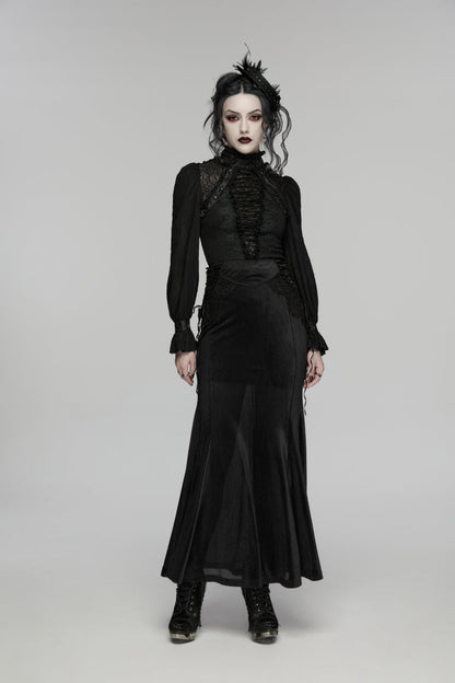 Black Stand Collar Long Sleeves Lace Lace-Up Slim Women's Gothic Blouse