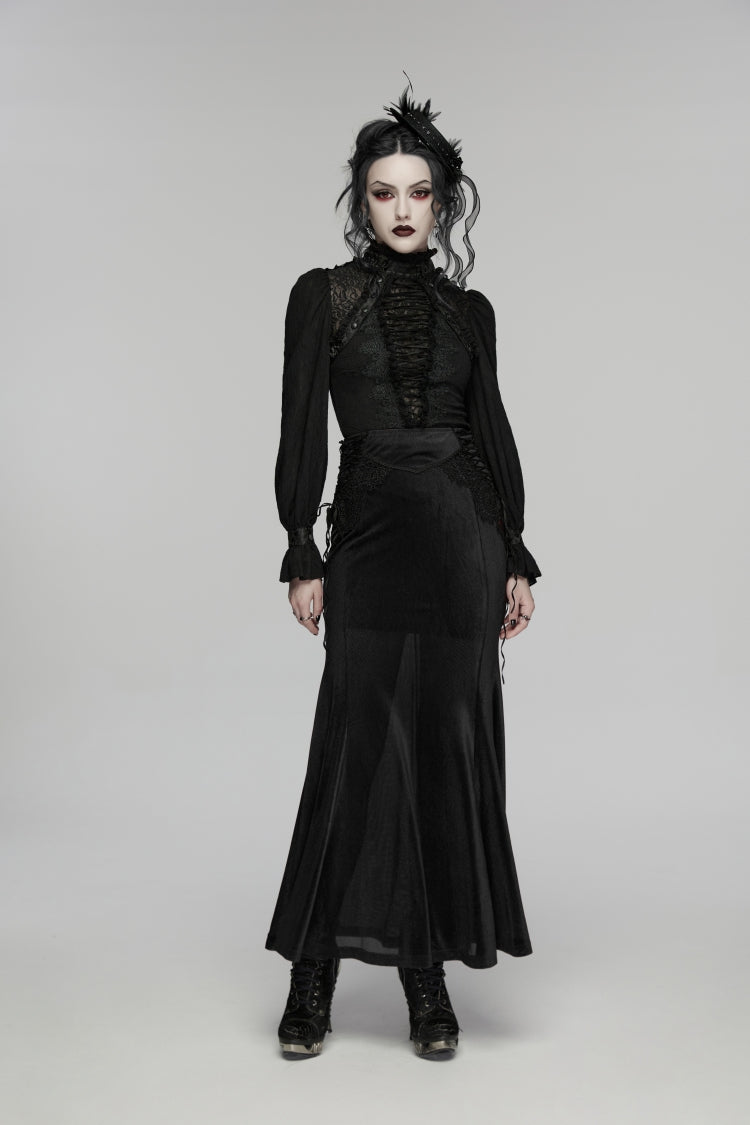 Black Stand Collar Long Sleeves Lace Lace-Up Slim Women's Gothic Blouse