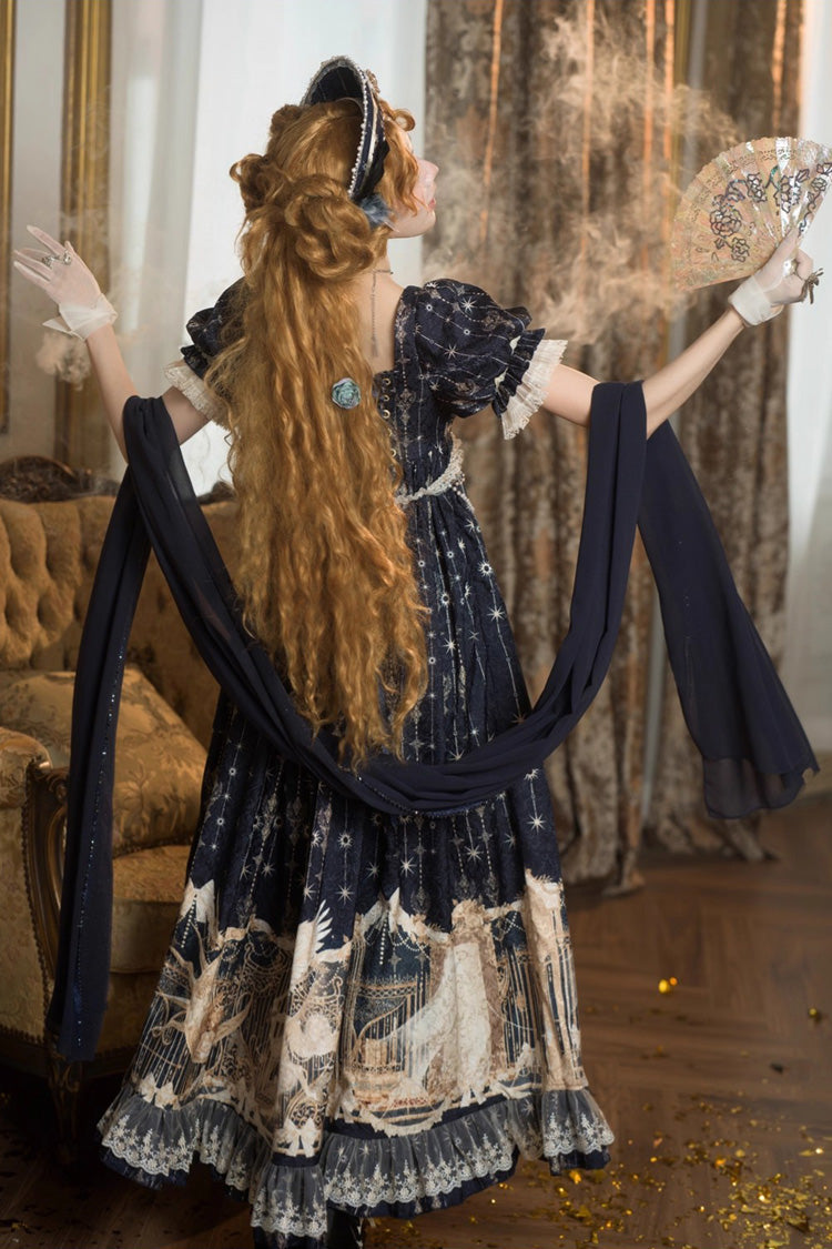 Blue [Unicorn] V Collar Short Sleeves Empire Motif Print Embroidery Bowknot Lace Sweet Elegant Lolita Dress