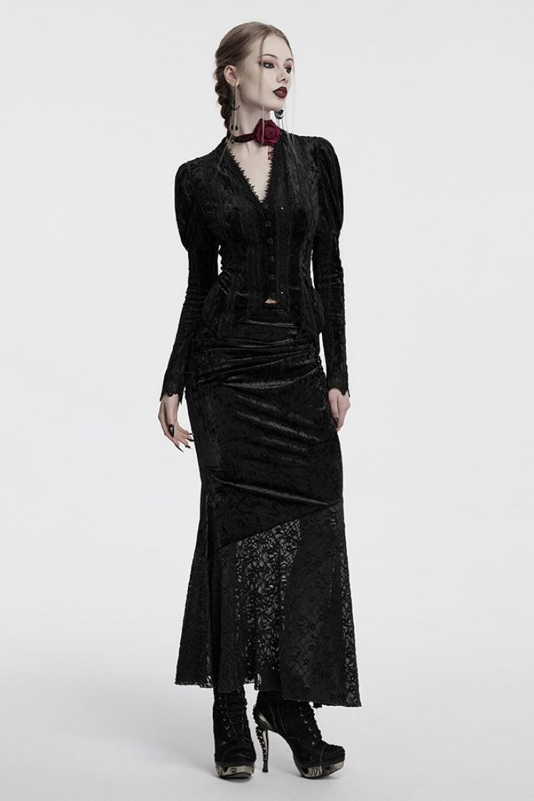 Black V Collar Long Puff Sleeves Women's Gothic Blouse