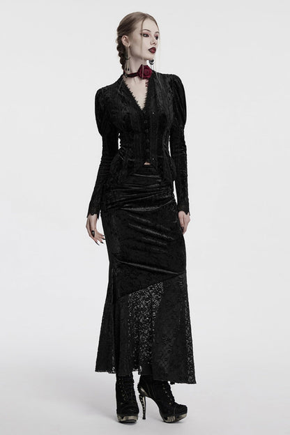 Black V Collar Long Puff Sleeves Women's Gothic Blouse